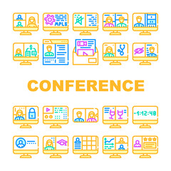 Video Conference Communication Icons Set Vector. Business Video Conference And Consultation With Doctor, Presentation And Remote Education Line. People Discussion Color Illustrations