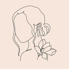 Flower face woman line drawing. Modern continuous line art. Women line art. Beauty salon logo. Coloring book. Botanical print. Nature symbol of cosmetics. Fashion logo.