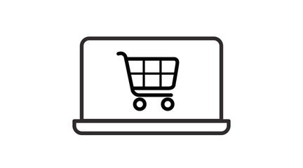 Online Shopping Icon. Vector black and white isolated editable illustration of a laptop with a cart