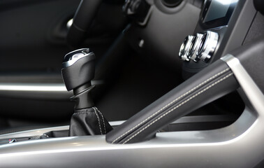 Manual shift lever in the passenger car. Manual gear shift.