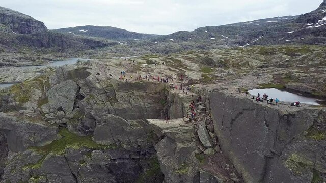 Trolltunga or Troll Tongue aerial view, a rock formation at the Hardangerfjord near Odda town in Hordaland, Norway