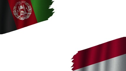 Indonesia and Afghanistan Flags Together, Wavy Fabric Texture Effect, Obsolete Torn Weathered, Crisis Concept, 3D Illustration