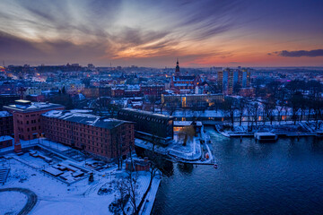 Aerial view of Bydgoszcz and Brda at dusk in winter - obrazy, fototapety, plakaty