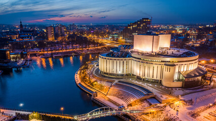 Downtown in Bydgoszcz at winter. Aerial view of winter, Bydgoszcz