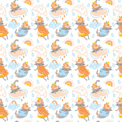 Smiling cat and summer rain, kids seamless pattern, vector