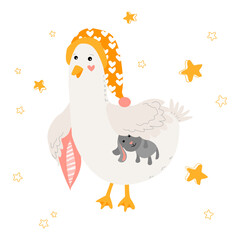 Cartoon goose in a sleeping cap with a pillow and a toy hare. Vector Nursery poster print.  Children room decoration. Cute animals
