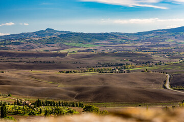 Naklejka premium Tuscany, Italy, elevated view of the autumn fields from the hill town of Pienza