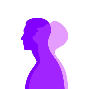 Purple male silhouette in profile with a translucent projection looking up. Mental health concept. Duality and hidden emotions.