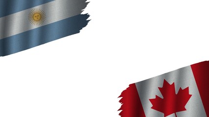 Canada and Argentina Flags Together, Wavy Fabric Texture Effect, Obsolete Torn Weathered, Crisis Concept, 3D Illustration