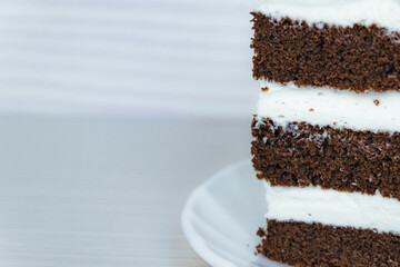 Slice of buttercream chocolate cake. Close up