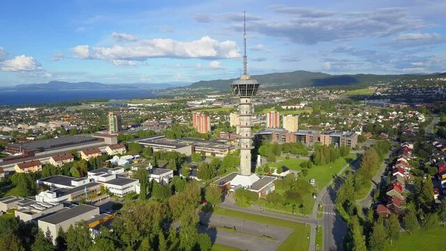 Tyholt TV Tower aerial panoramic view in Trondheim. Trondheim is the third most populous municipality in Norway.