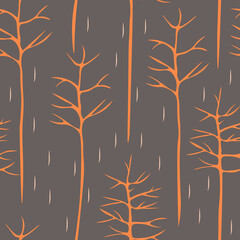 Stylish seamless winter pattern with creative orange trees on a dark, gray background. Landscape texture for wallpapers, covers, patterns, printing on fabric, digital paper