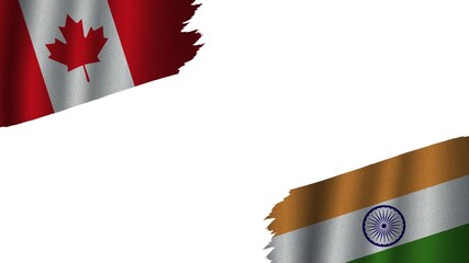 India and Canada Flags Together, Wavy Fabric Texture Effect, Obsolete Torn Weathered, Crisis Concept, 3D Illustration