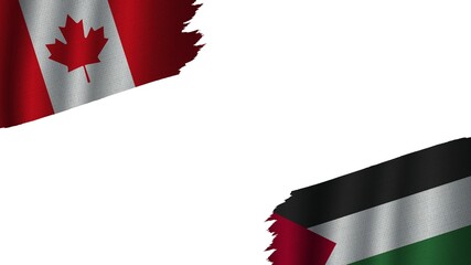 Palestine and Canada Flags Together, Wavy Fabric Texture Effect, Obsolete Torn Weathered, Crisis Concept, 3D Illustration