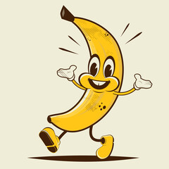 funny cartoon illustration of a walking banana in retro style