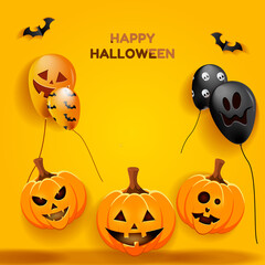 Illustration of vector graphic haloween background banner. Haloween party sign vector cover illustration. Balloon and pumpkin halloween. EPS10 format.