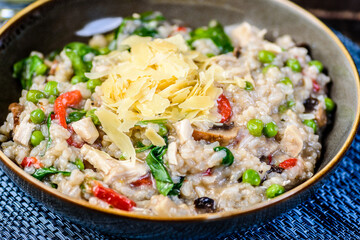 A serving of Mushroom Risotto in a round bowl with shredded Parmesan cheese on top