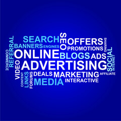 Advertising word concept in tag cloud on blue background