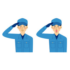清掃業の男性の敬礼ポーズ