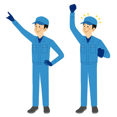 指さし＆ガッツポーズをする清掃業の男性