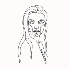Woman face in single line art style. Continuous one line portrait. Continuous line art Woman face. Elegant minimalistic portrait for prints, tattoos, posters, textiles, postcards. Vector illustration