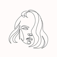 Woman face in single line art style. Continuous one line portrait. Continuous line art Woman face. Elegant minimalistic portrait for prints, tattoos, posters, textiles, postcards. Vector illustration