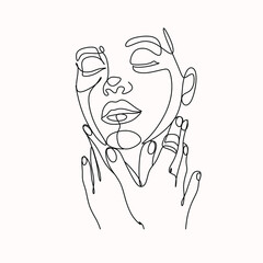 Woman face in single line art style. Continuous one line portrait. Continuous line art Woman face. Elegant minimalistic portrait for prints, tattoos, posters, textiles, postcards. Vector illustration
