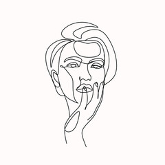Woman face in single line art style. Continuous one line portrait. Continuous line art Woman face. Elegant minimalistic portrait for prints, tattoos, posters, textiles, postcards. Vector illustration