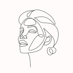 Woman face in single line art style. Continuous one line portrait. Continuous line art Woman face. Elegant minimalistic portrait for prints, tattoos, posters, textiles, postcards. Vector illustration