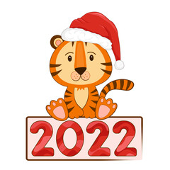Cute Cartoon Tiger in a red hat on white isolated background. Symbol 2022 year. Flat style.