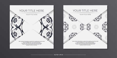 Stylish Template for print design postcards in white color with vintage patterns. Preparing an invitation with a dewy ornament.