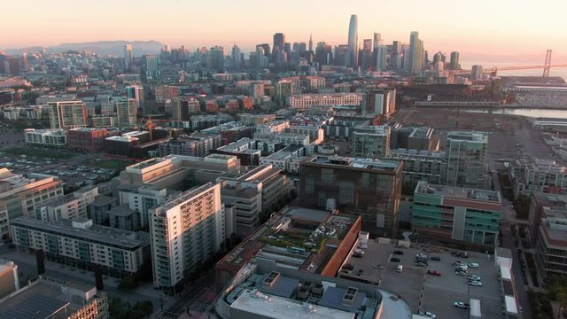 Aerial: San Francisco skyline and Central Basin at sunrise, California, USA