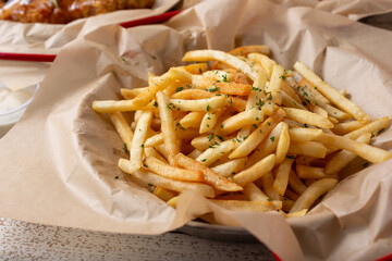 A view of a basket of french fries.