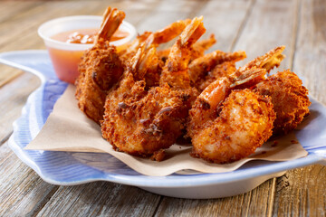 A view of a plate of coconut shrimp.
