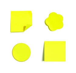 Vector set of bright yellow stickers isolated on white background, square and circle shapes.