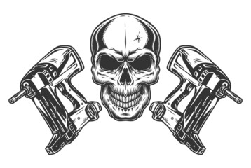 Vintage concept of skull and electric nailers - obrazy, fototapety, plakaty