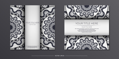 Stylish Template for print design postcards in white color with vintage patterns. Vector Preparation of invitation card with dewy ornament.