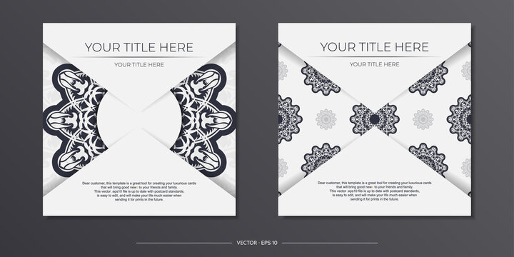 Stylish Ready-to-print white postcard design with vintage patterns. Vector Template of invitation card with dewy ornament.