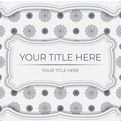 Stylish white postcard design with vintage patterns. Vector invitation card with dewy ornament.