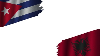 Albania and Cuba Flags Together, Wavy Fabric Texture Effect, Obsolete Torn Weathered, Crisis Concept, 3D Illustration
