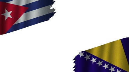 Bosnia and Herzegovina and Cuba Flags Together, Wavy Fabric Texture Effect, Obsolete Torn Weathered, Crisis Concept, 3D Illustration