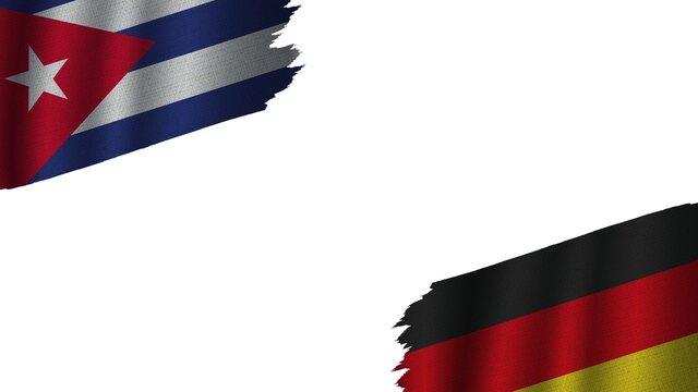 Germany and Cuba Flags Together, Wavy Fabric Texture Effect, Obsolete Torn Weathered, Crisis Concept, 3D Illustration