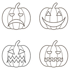 Black halloween logo set of pumpkin. Sticker pack of 4 jack o lanterns. Eps 10 vector halloween logo. Linear pumpkin icons for your cards, illustrations, projects, invitations. 