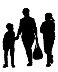 Mom with little child in carriage walking on street. Isolated silhouettes of people on white background