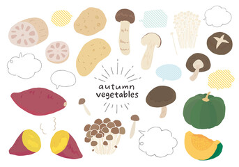 秋の野菜の手描きイラストセット（カラー/輪郭線なし）