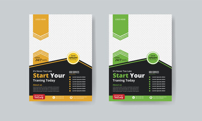 Creative  fitness and gym flyer template with green yellow color A4
