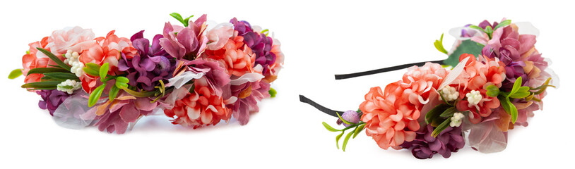 headband decorated with artificial flowers on white isolated background