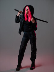 Techno cyber punk style, futuristic ninja fighter, young woman with pink hair © Ulia Koltyrina