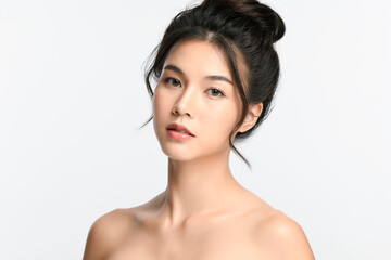 Beautiful young asian woman with clean fresh skin on white background, Face care, Facial treatment, Cosmetology, beauty and spa, Asian women portrait.