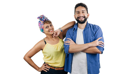 happy latin man and woman, on white background